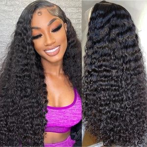 HUMAN HAIR 13x6 Deep Wave Lace Front 24” Wig 180% Density Glueless Natural Color